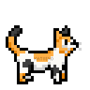 A side view of a pixel art cat with calico markings, it is bouncing up and down one pixel and blinking occasionally.