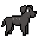 A side view of a pixel art great dane dog, their fur is dark grey, it is bouncing up and down one pixel and blinking occasionally.