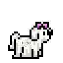 A side view of a pixel art maltese dog, their fur is white and they have a small pink bow on their head, it is bouncing up and down one pixel and blinking occasionally.