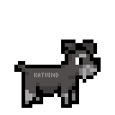 A side view of a pixel art miniature schauzer dog, it is bouncing up and down one pixel and blinking occasionally.