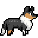 A side view of a pixel art sheltie dog, it has a mix of black, brown and white fur, it is bouncing up and down one pixel and blinking occasionally.
