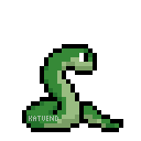 A side view of a green pixel art snake, it is bouncing up and down one pixel and blinking occasionally.